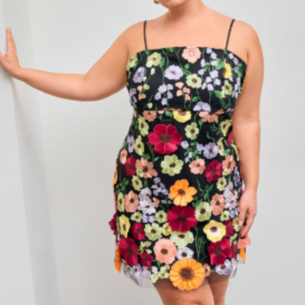 Cider Jacquard Square Neck Colorful Floral Embroidery Mini Dress Curve & Plus